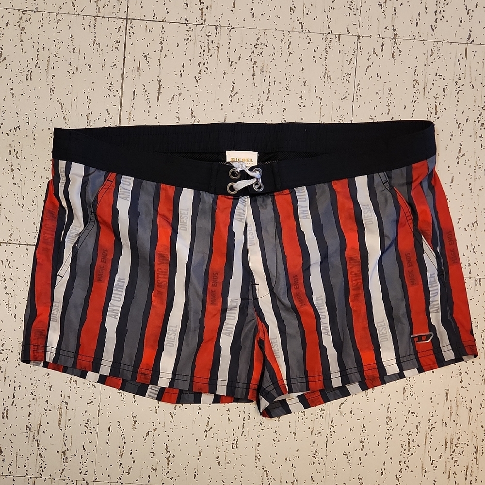 Diesel Beachwear Stripe Spellout Logo Short Leg Swim Shorts Vintage Y2K